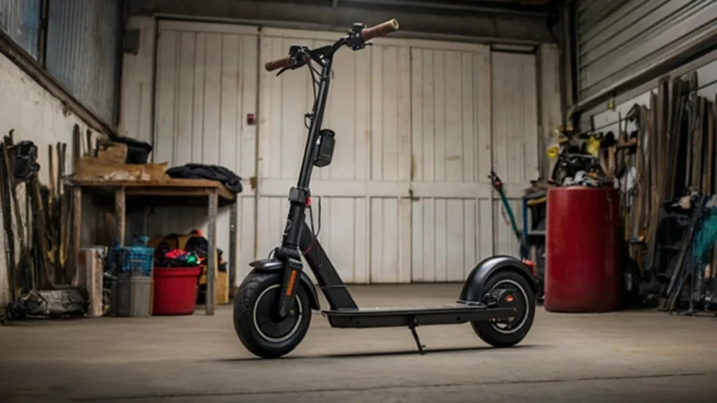 An electric scooter in a garage to tweak brakes and tires for optimum performance