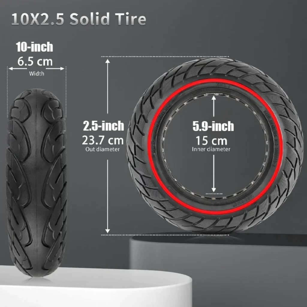Illustrations of how to read dimensions of electric scooter tires and what the numbers mean