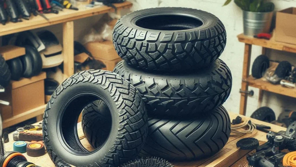 Tires with various thread patterns in a pile on a workbench