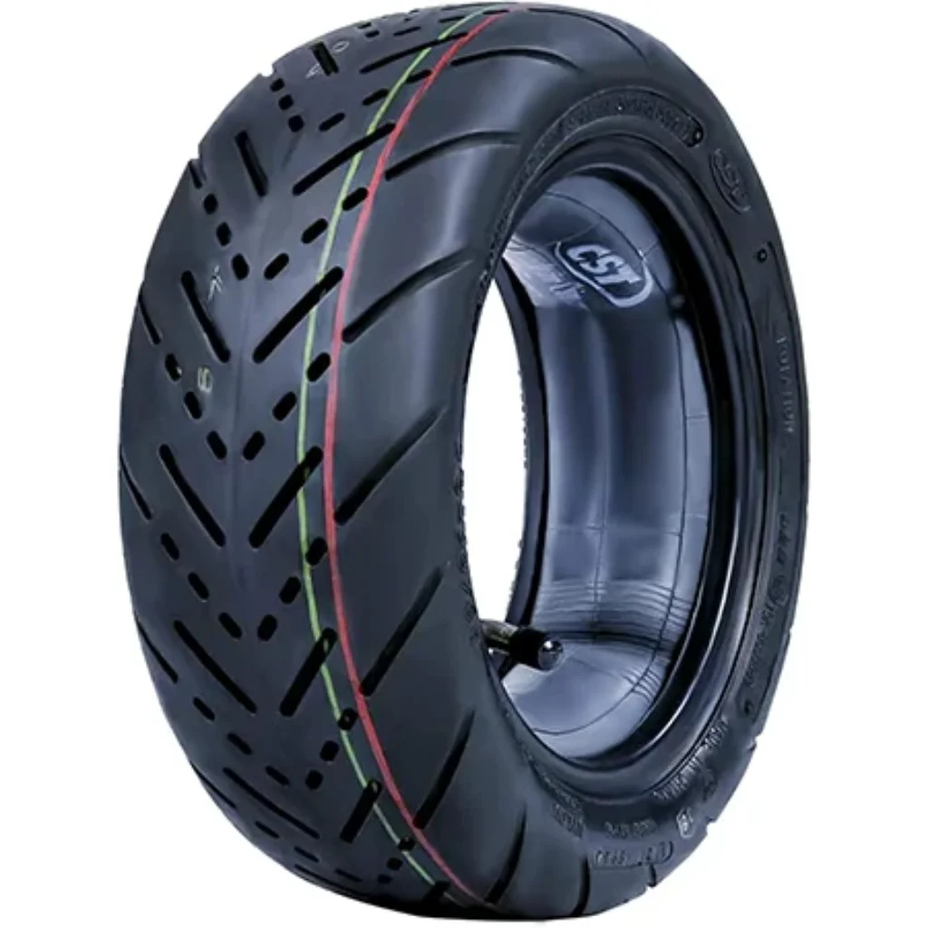 A pneumatic electric scooter tire with tube seen inside it