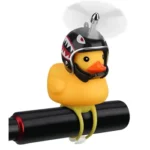 A cool and cute rubber ducky bell with light inside and a bike helmet with propeller on